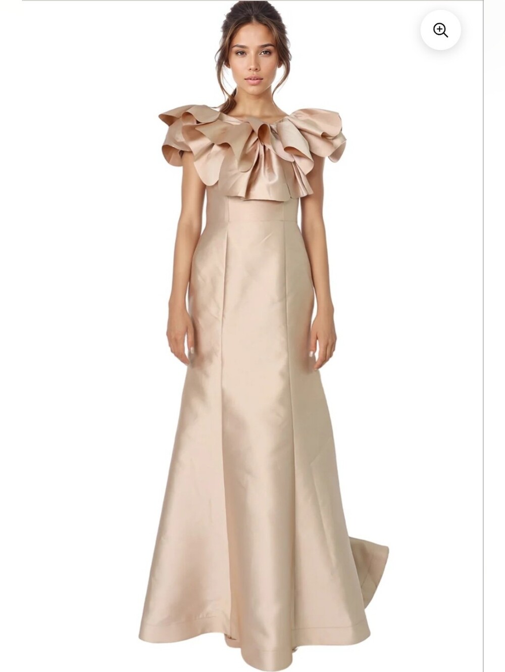 Rene Ruiz Champagne Satin Mermaid Maxi Skirt with Ruffled Neckline - Picture 2 of 8